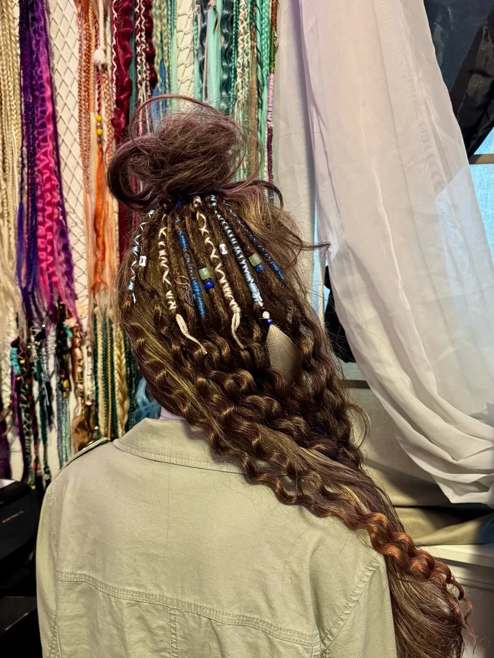Boho Curly Brown Hair Extensions with Blue Bead Accents